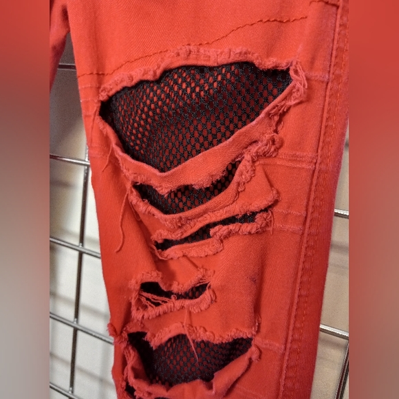 Tripp sister brand, royal bones red skinnies w/ fishnet rip inserts! SOLD - Picture 4 of 5
